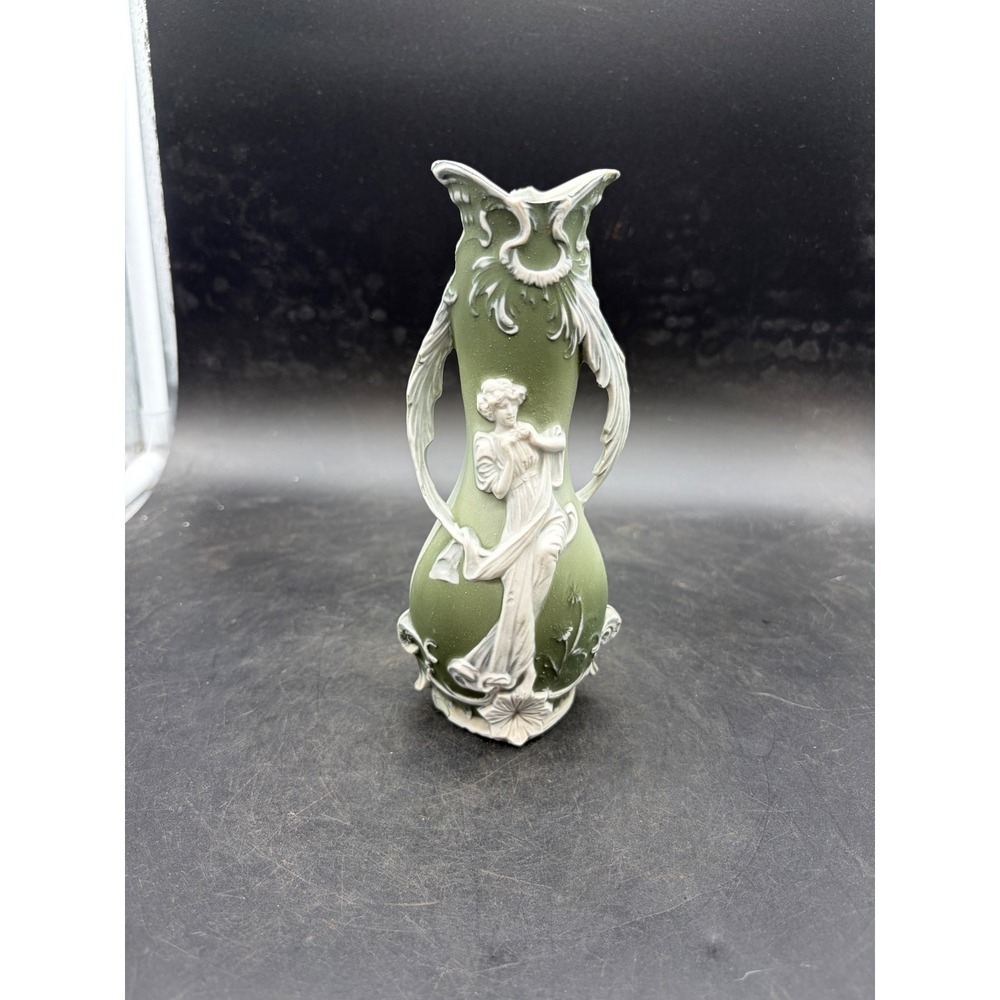 Vintage Sage Green Jasperware Bud Vase Art Nouveau Grecian Lady Relief 7 Inch